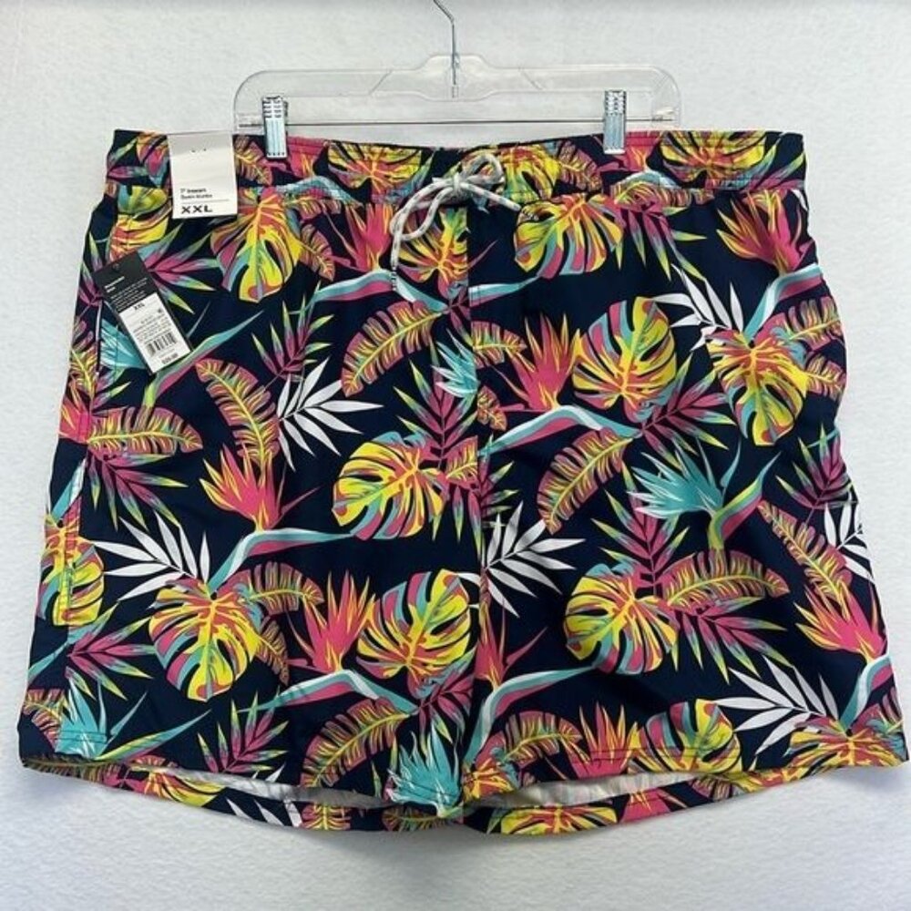 Original Use Mens XXL Swim Trunks Tropical Pattern Navy & Multi-Color UPF 50+